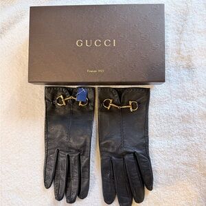 Gucci Black Leather Gloves with Gold Horsebit Detail